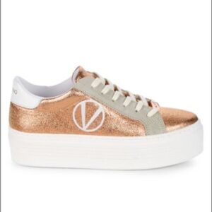 Valentino Gold and White Platform Sneakers with V Logo